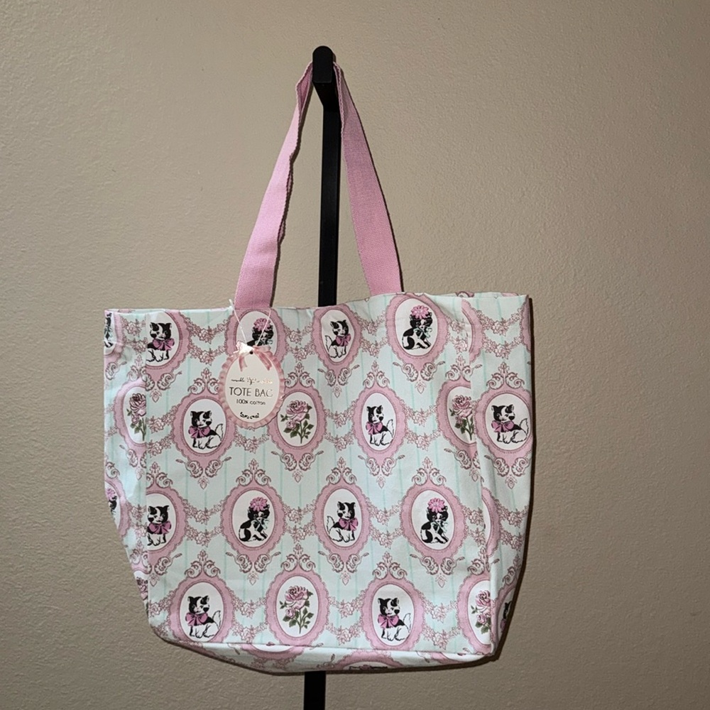 NWT Valeri Reusable & Durable Canvas Tote Bag Kittens Cottage Roses Stripe Print